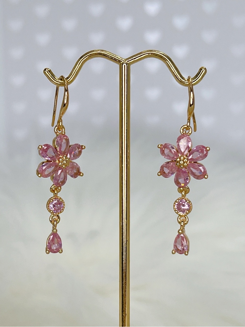 18k yellow gold filled Pink 💎 simulant diamond pear tear drop 2” flower earrings